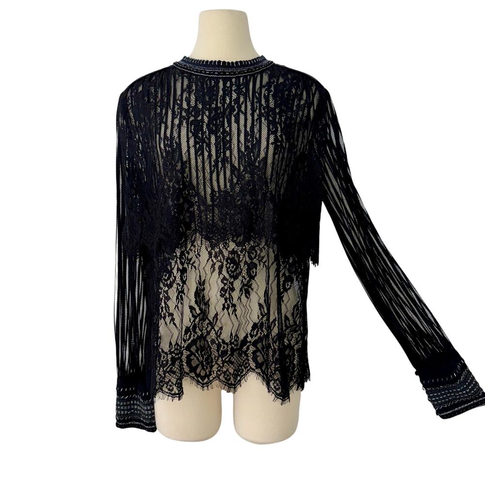 Anthropologie Blink London Sheer Lace Black Top Blouse M Embellished